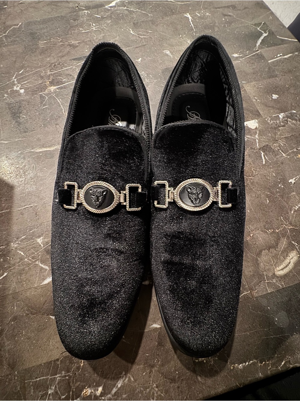 Men's Black Velvet Slip-On with Silver Medallion